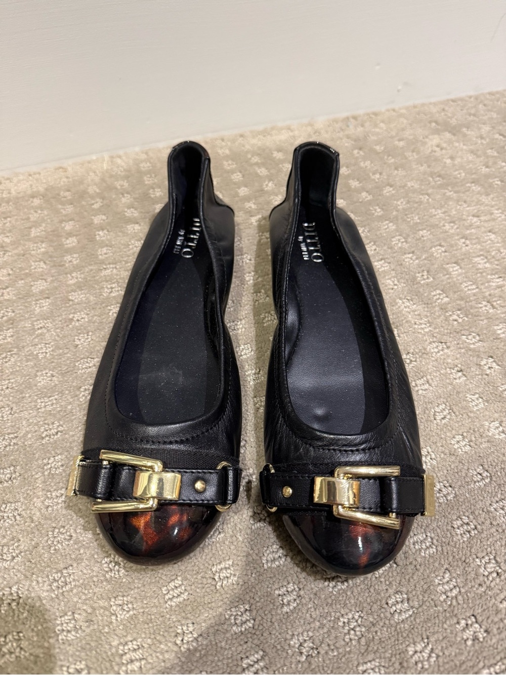 Dittos Black Leather Ballet Flats with Gold Buckle and Tortoiseshell Cap
